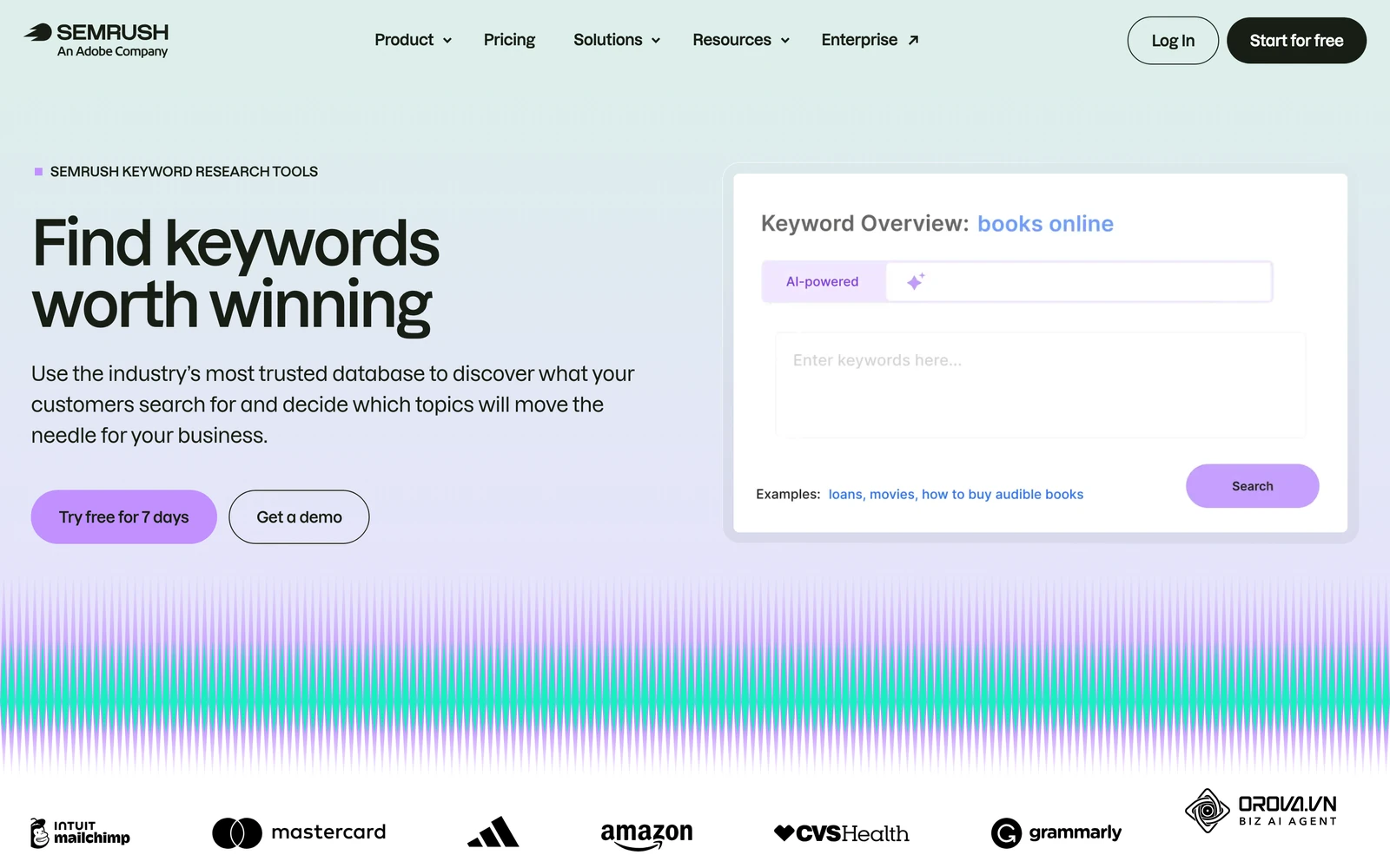 ទំព័រមុខងារផ្លូវការ Semrush Keyword Magic Tool បង្ហាញតារាងពាក្យគន្លឹះ និងស្លាកចេតនាស្វែងរក
