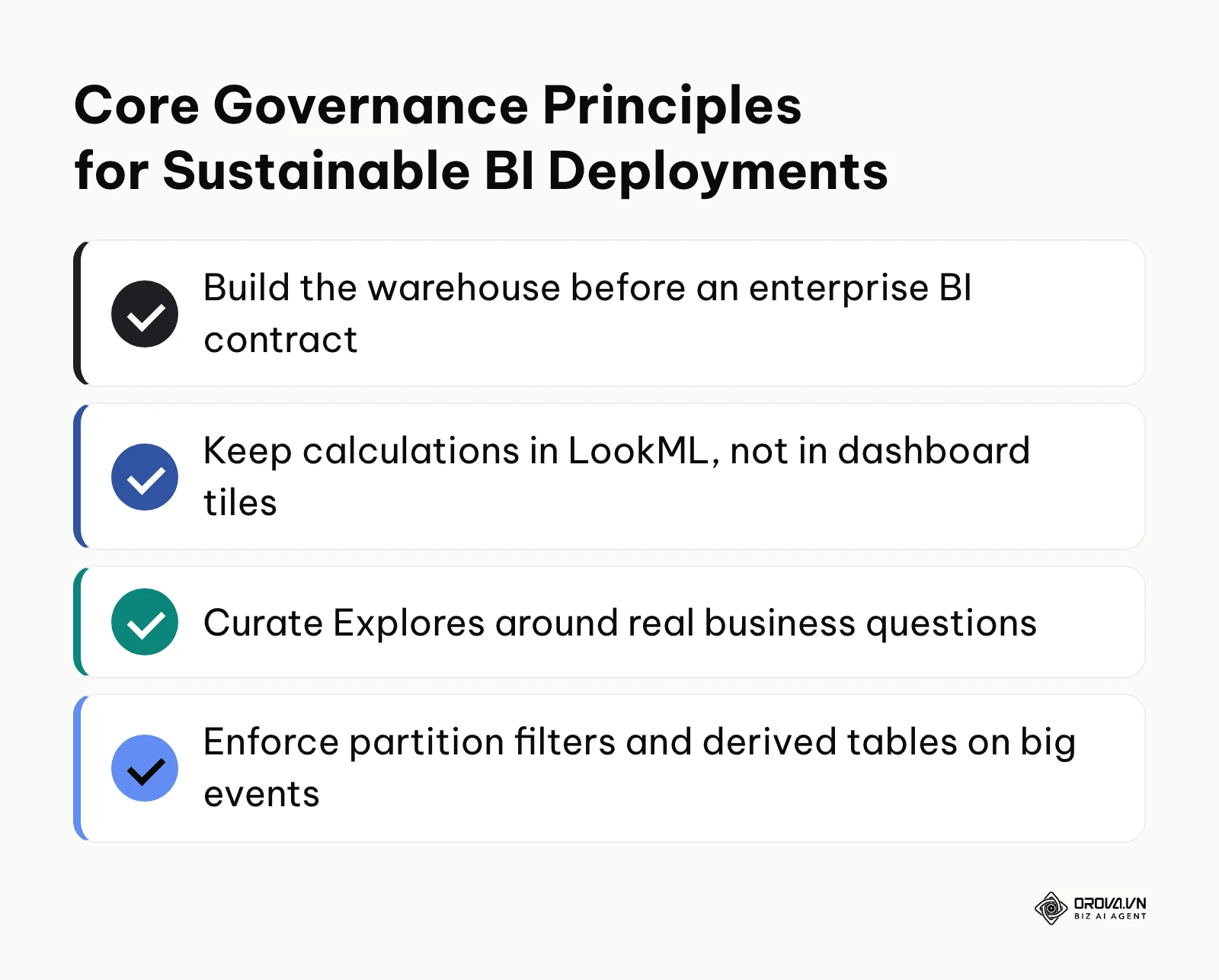 Summary checklist of governance practices for maintaining stable enterprise analytics platforms.