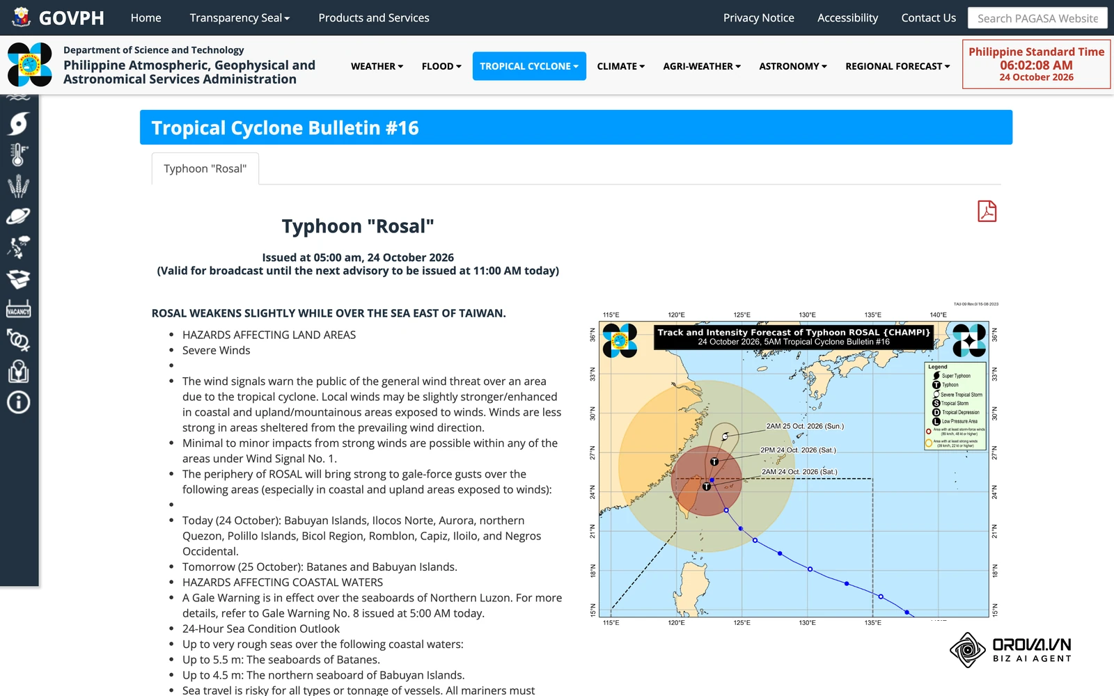 Tropical Cyclone Bulletin ng DOST-PAGASA para sa Typhoon "Rosal" (24 Oktubre 2026): dito makikita kung aling lugar ang may Wind Signal bago mo i-pause ang mga post.