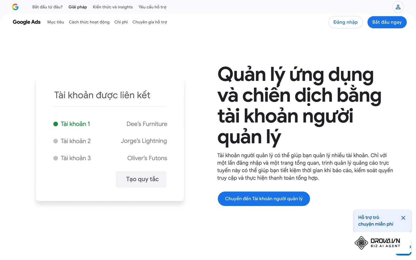 Trang giới thiệu tài khoản người quản lý Google Ads.