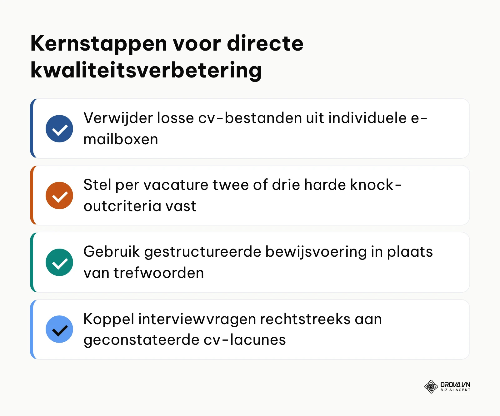 Samenvattende checklist met vier concrete acties om vandaag te starten met gestructureerde werving