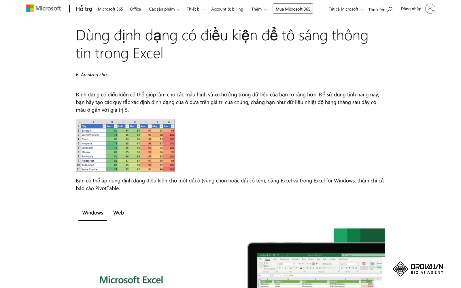 Trang hướng dẫn định dạng có điều kiện của Microsoft Support: bảng Excel tự tô màu ô theo giá trị, cùng cơ chế dùng để tô cột Chủ nhật.