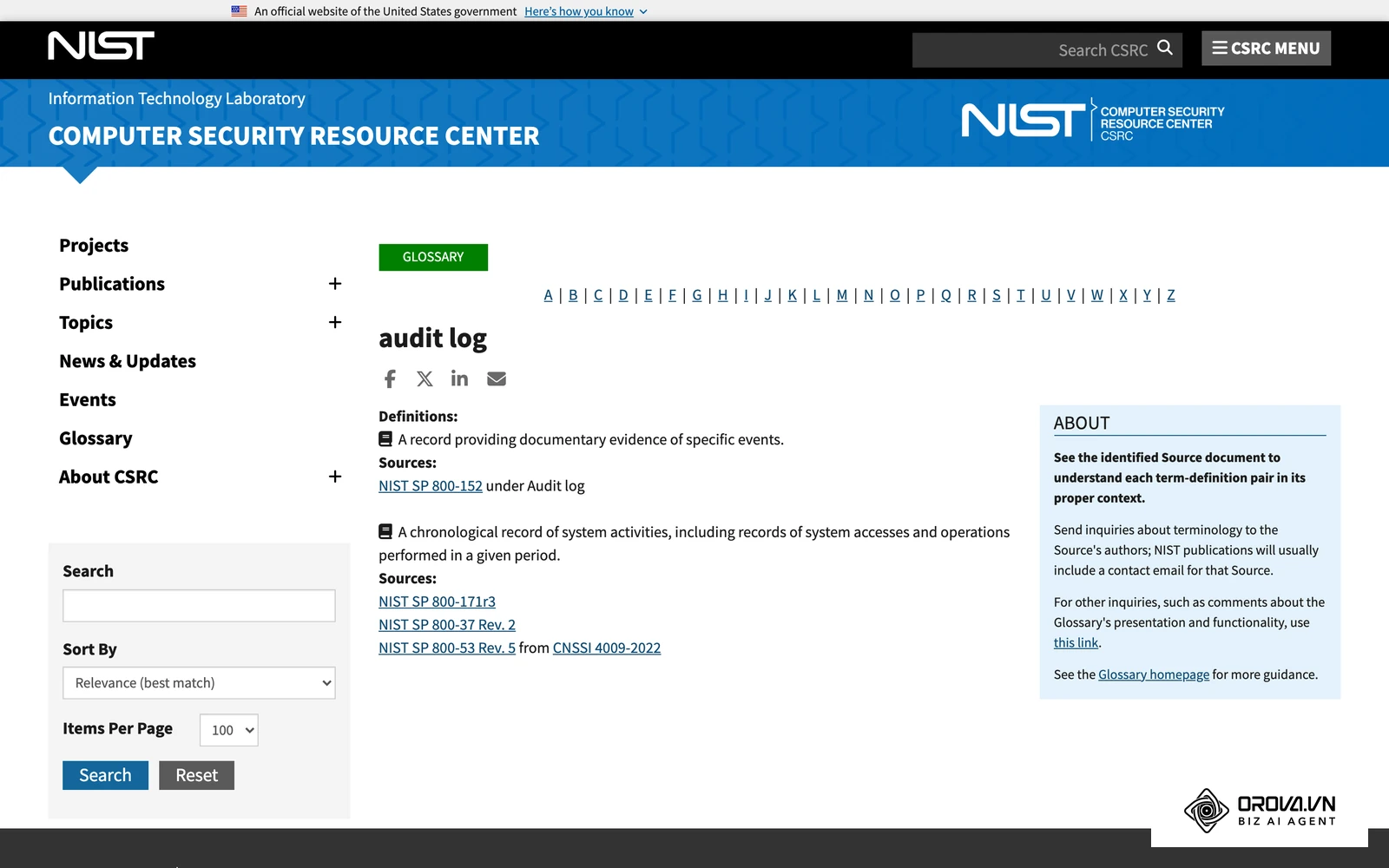 NIST 資訊安全詞彙表中的「稽核日誌」定義,對應粉專管理員的活動日誌檢查。