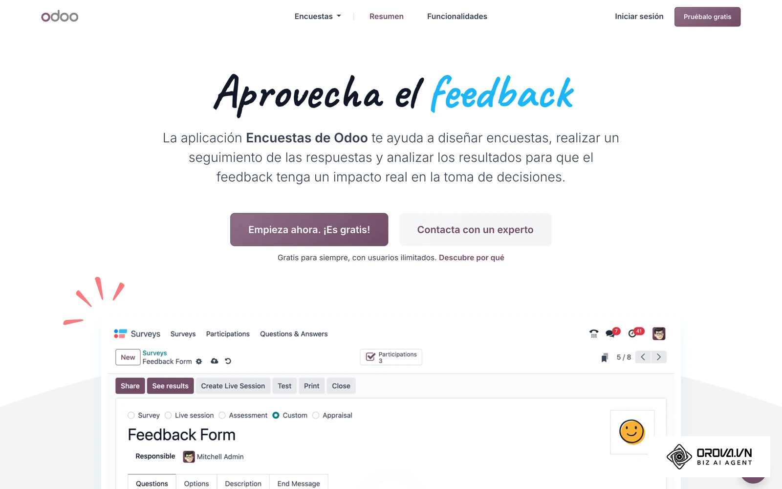 Página oficial de la aplicación Encuestas de Odoo, con la que se pueden crear formularios de evaluación estructurada.