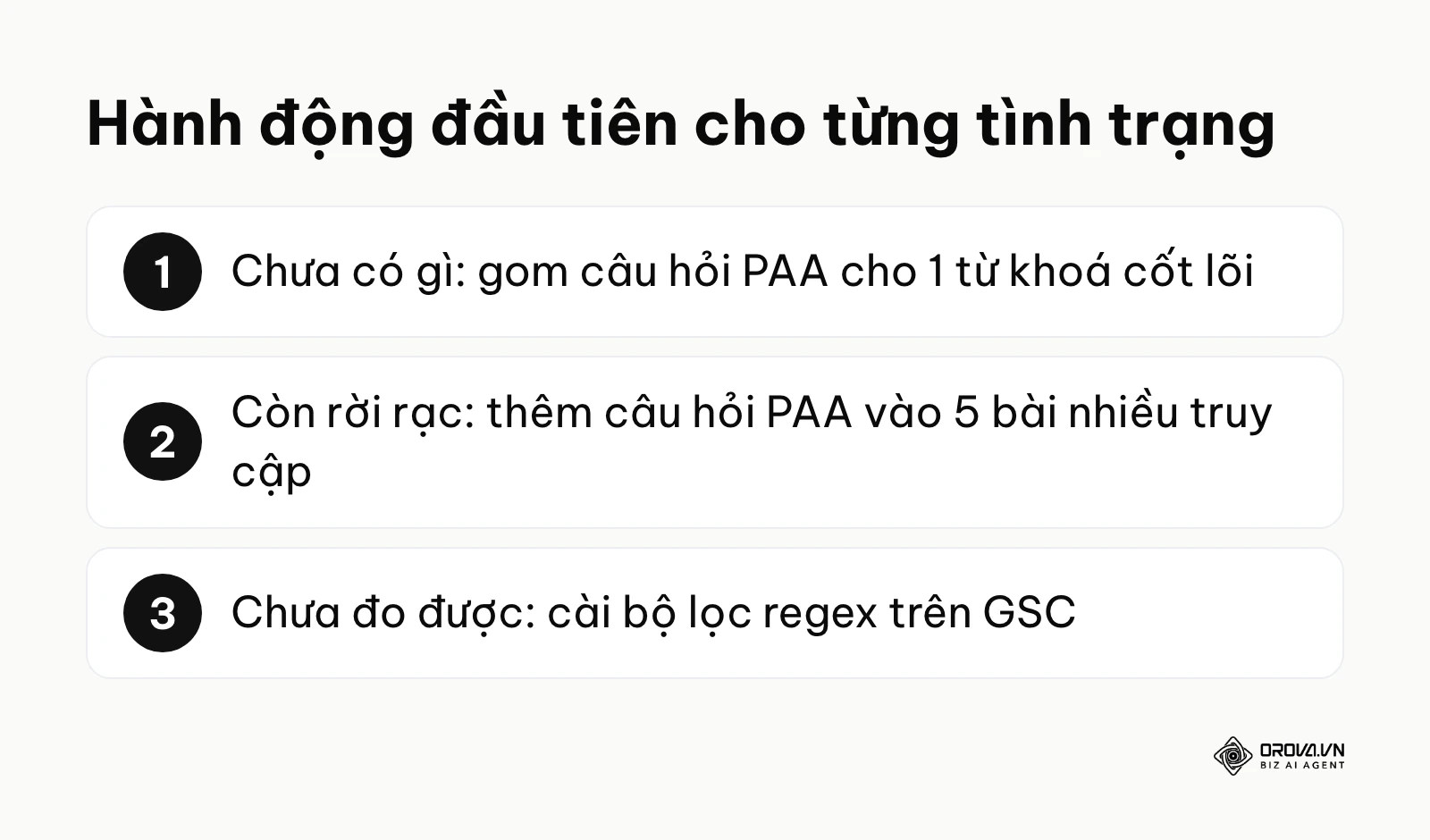 Tóm tắt các bước hành động cụ thể để bắt đầu tối ưu PAA tuỳ theo tình trạng doanh nghiệp