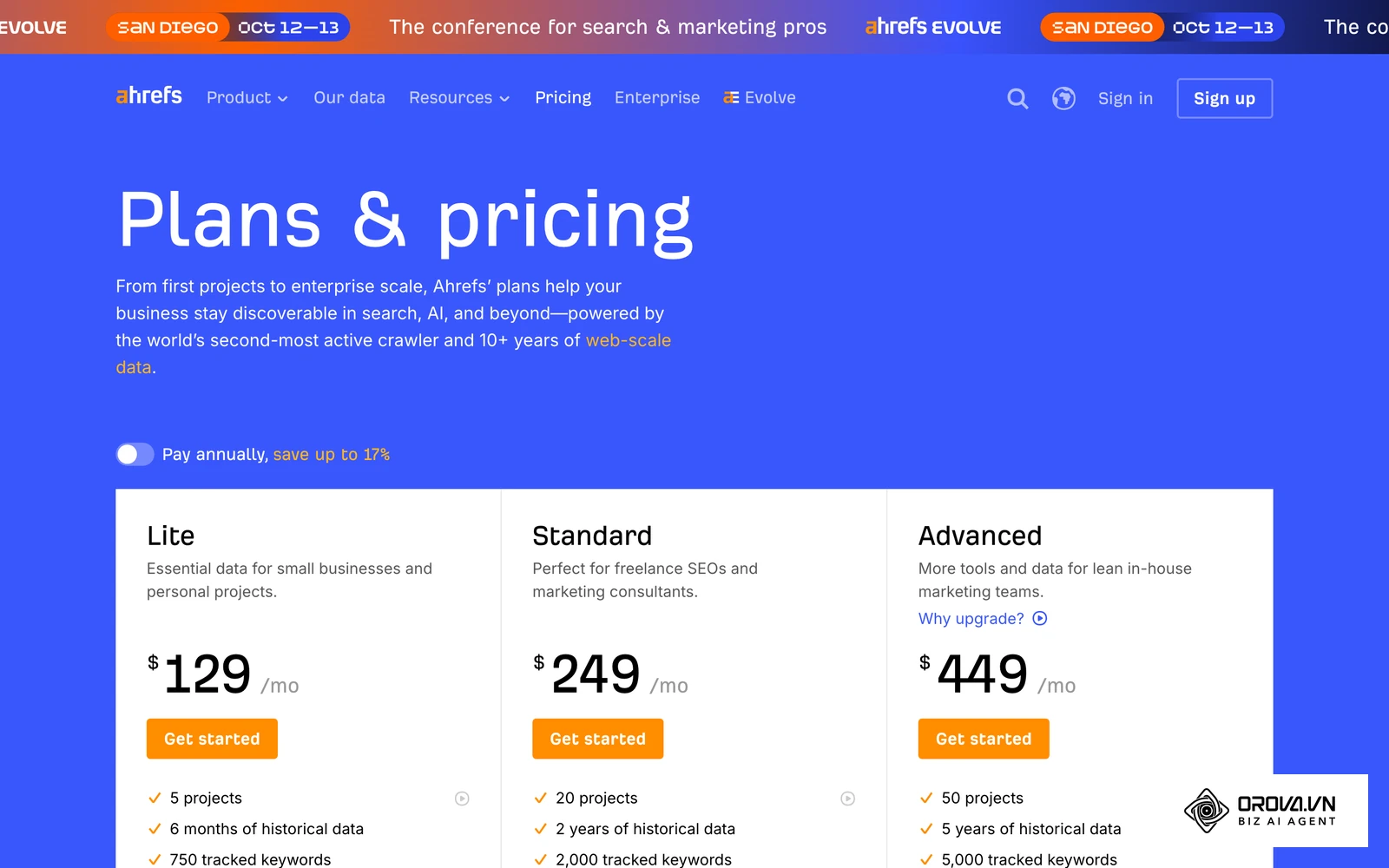 หน้า Pricing ทางการของ Ahrefs แสดงแพ็กเกจ Lite, Standard และ Advanced พร้อมโควตาของแต่ละแพ็กเกจ