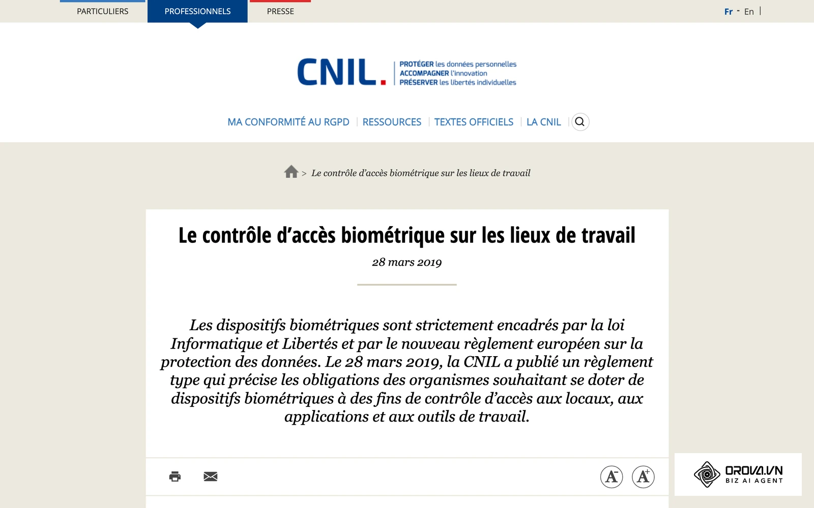 Page de la CNIL sur la biométrie au travail et le règlement type de 2019, limité au contrôle d'accès aux locaux, applications et outils.