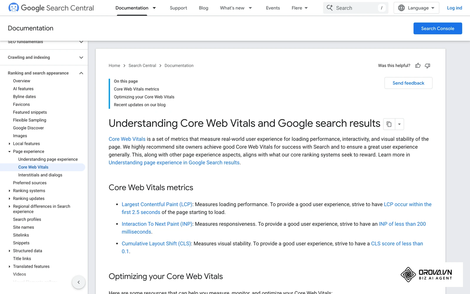 Google Search Centrals side om Core Web Vitals med grænserne for LCP, INP og CLS, som rapporten i Search Console bygger på.