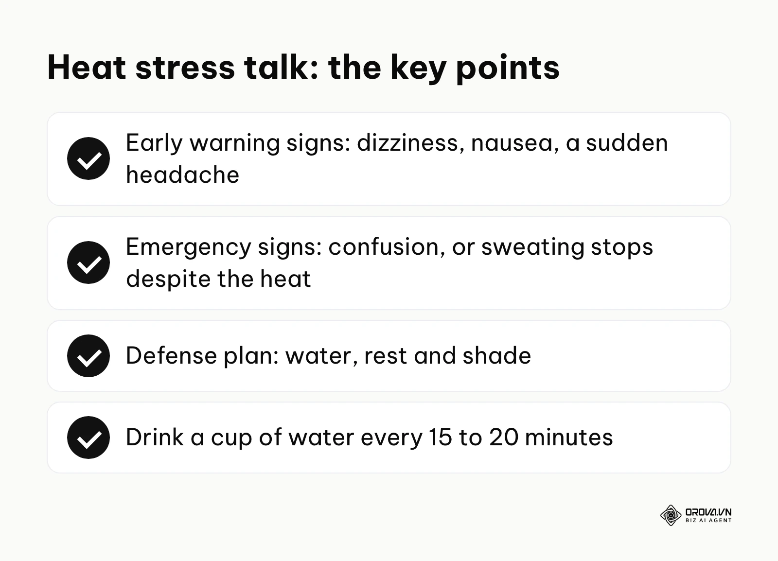 Summary of the heat stress toolbox talk: warning signs, emergency signs and the water, rest and shade plan.