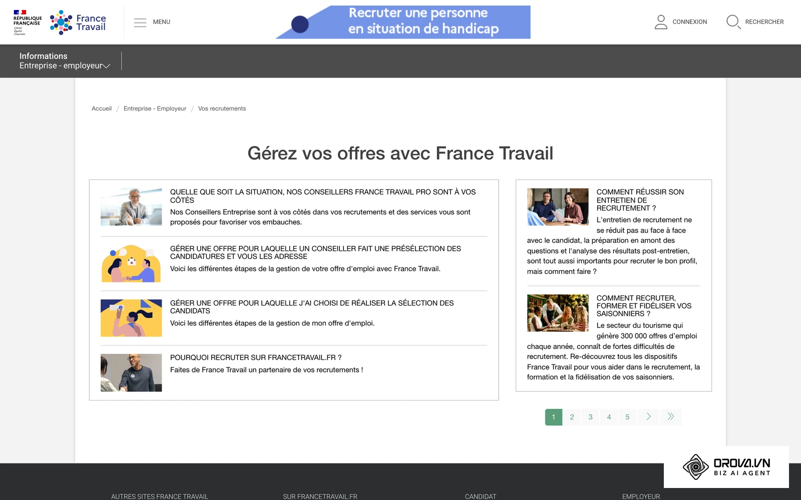 Page officielle France Travail présentant la gestion des offres d'emploi depuis l'espace employeur, publication gratuite.