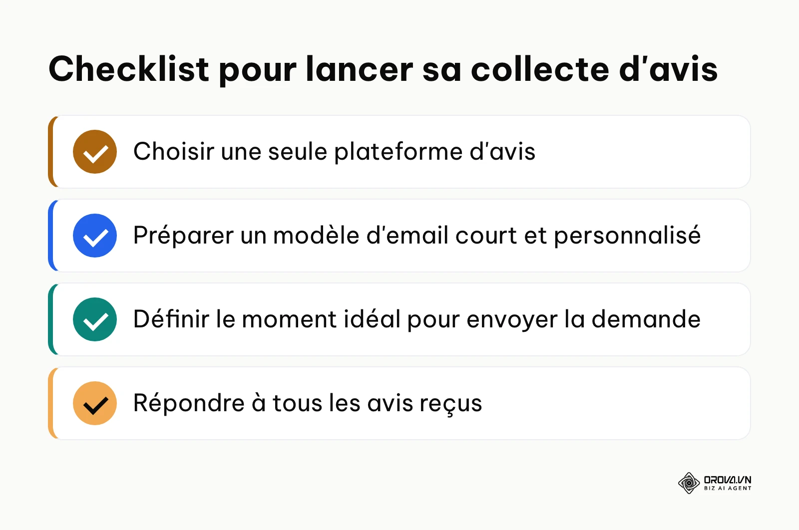 Liste des actions essentielles pour démarrer une stratégie de preuve sociale efficace.
