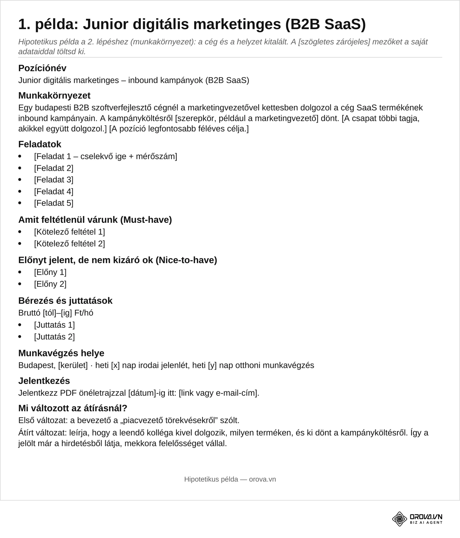 A letölthető Word-fájl 2. oldala: 1. példa – junior digitális marketinges egy budapesti B2B SaaS cégnél, a munkakörnyezet első és átírt változatával.