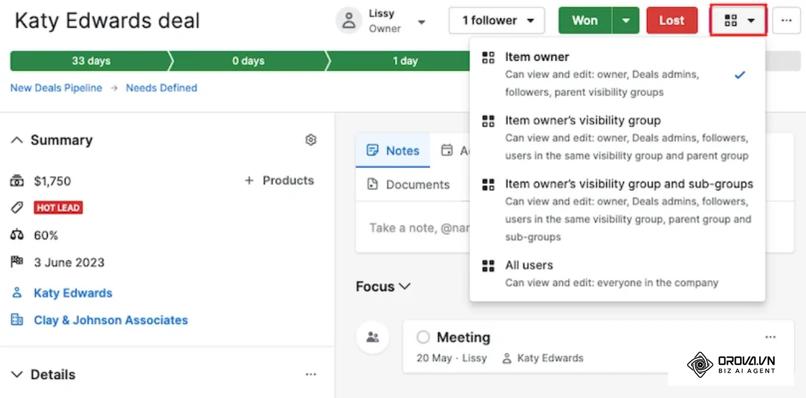 Menu de visibilidade de um negócio no Pipedrive: só o responsável, o grupo de visibilidade, o grupo com subgrupos ou todos os usuários (imagem da central de ajuda do Pipedrive).