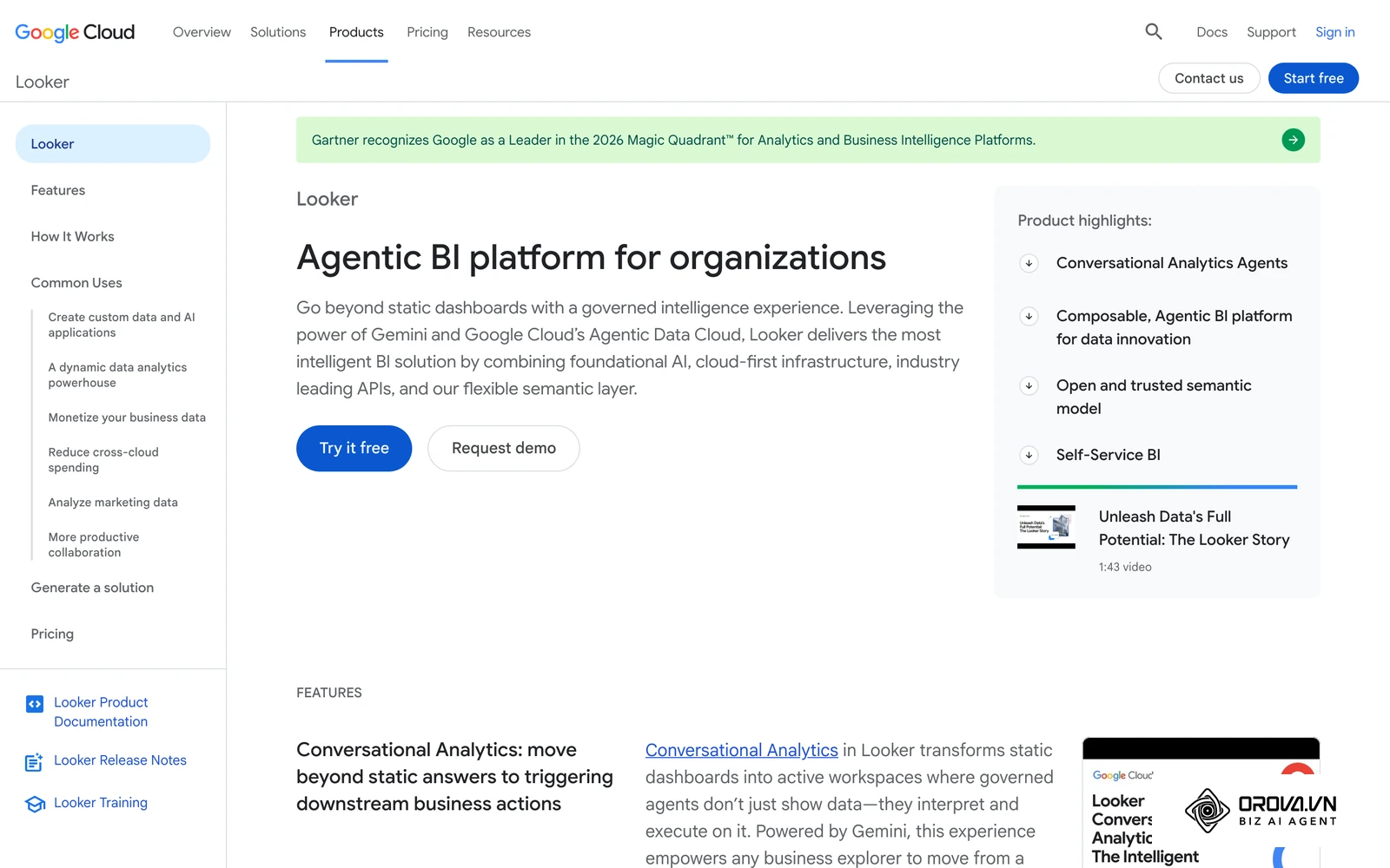 Looker product page on Google Cloud, an example of the SQL-first category built around a central semantic model.