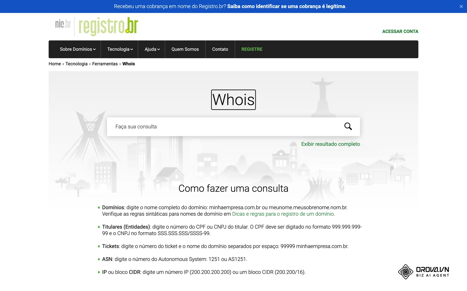 Ferramenta de consulta de domínios do Registro.br, útil para confirmar se o domínio .br da empresa existe.