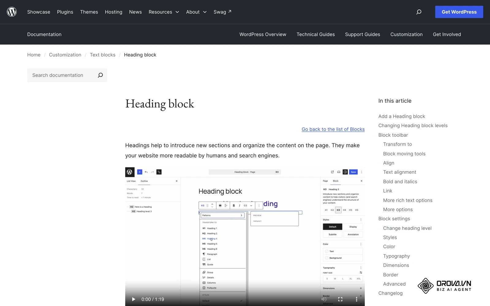 Documentation officielle WordPress (en anglais) du bloc Titre : l'éditeur propose un menu pour choisir le niveau de chaque sous-titre, de H1 à H6.