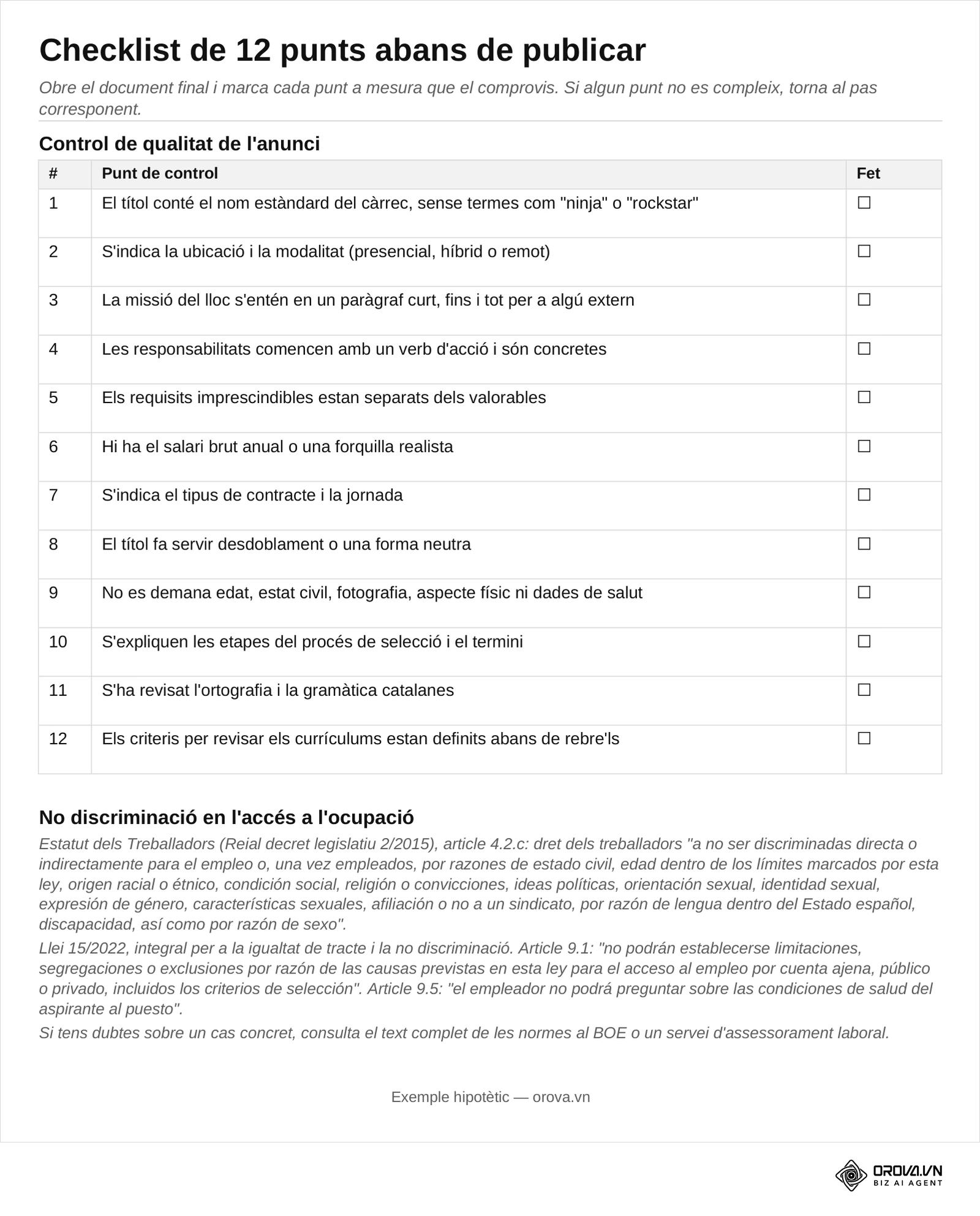 Pàgina 4 del fitxer: checklist de 12 punts amb una columna de caselles per marcar i les cites de l'Estatut dels Treballadors i de la Llei 15/2022 sobre no discriminació.