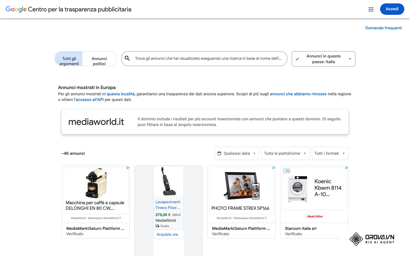 Centro per la trasparenza degli annunci di Google: annunci di un inserzionista mostrati in Italia, utili per controllare offerte e prezzi dei concorrenti.