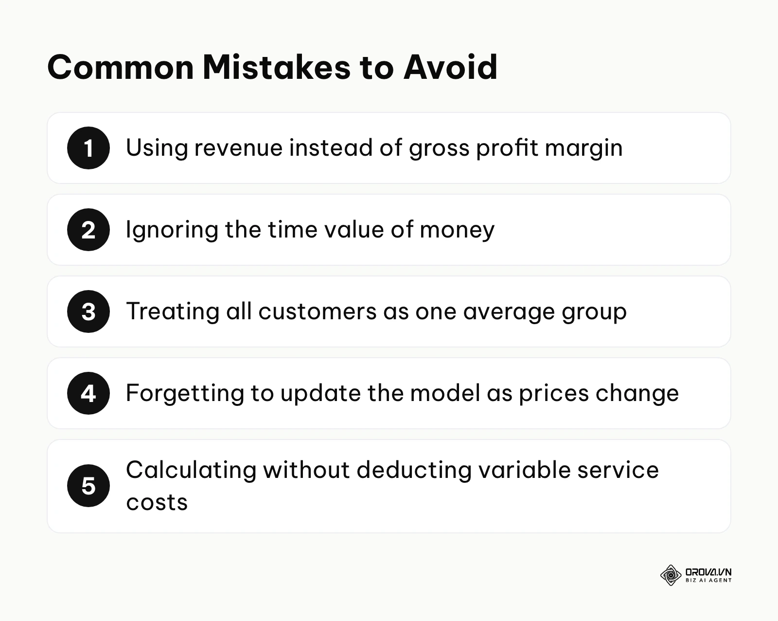 List of common calculation mistakes such as using revenue instead of profit.