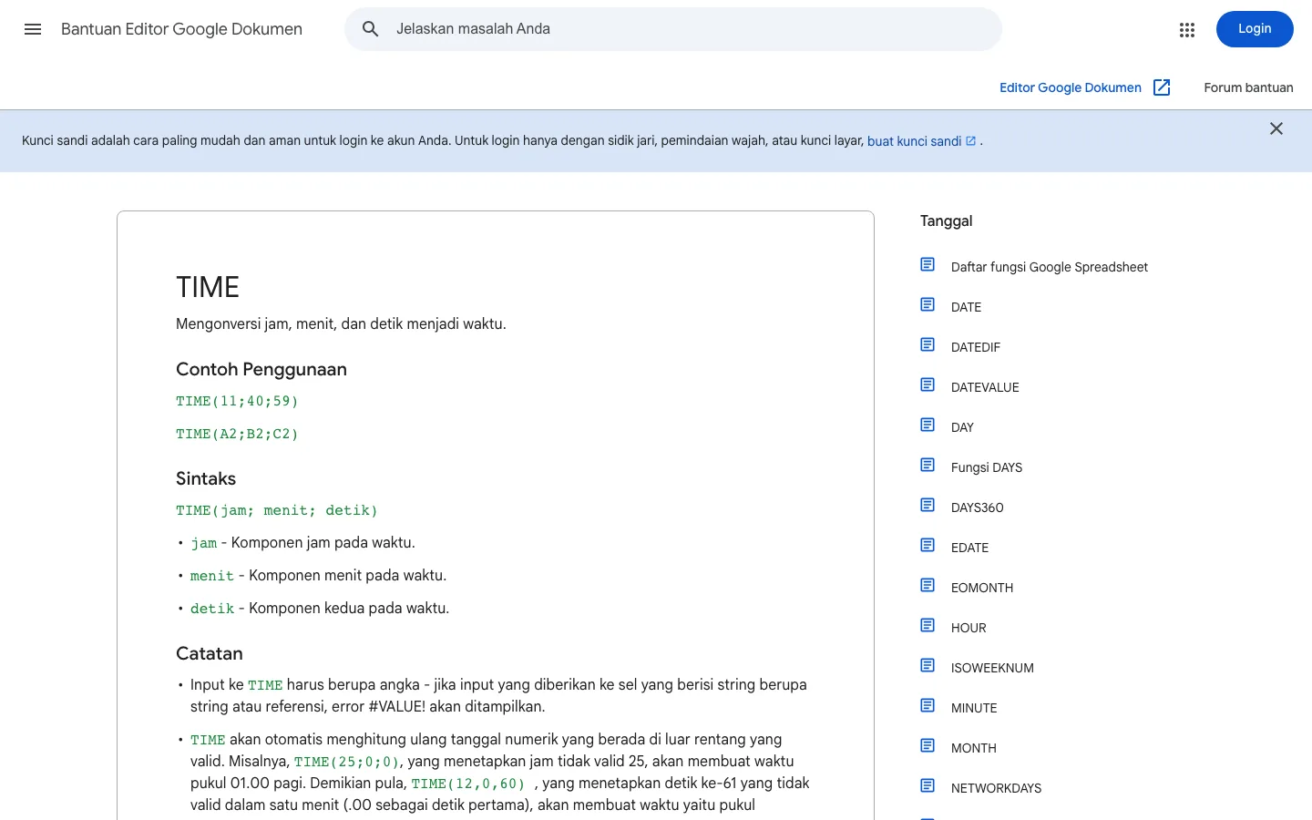 Halaman bantuan resmi Google Spreadsheet (bahasa Indonesia) tentang fungsi TIME untuk menyusun nilai jam dari jam, menit, dan detik.