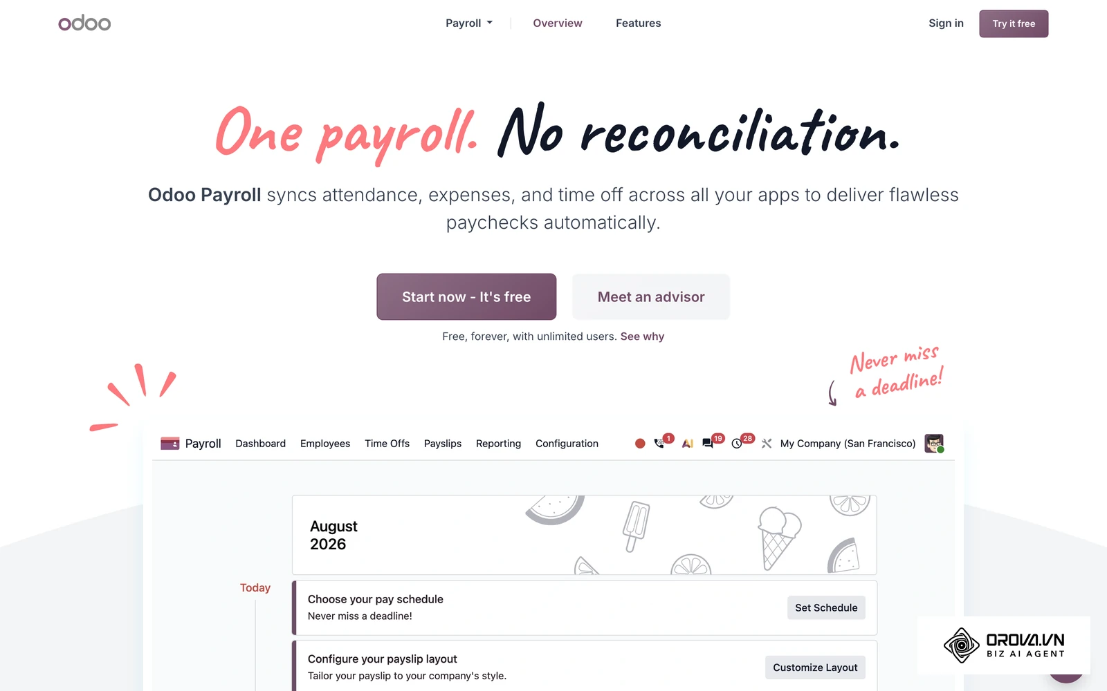 ទំព័រកម្មវិធី Payroll ផ្លូវការរបស់ Odoo បង្ហាញចំណុចប្រទាក់គណនាប្រាក់បៀវត្សរ៍ ដែលជាម៉ូឌុលធម្មតារបស់ HRMS