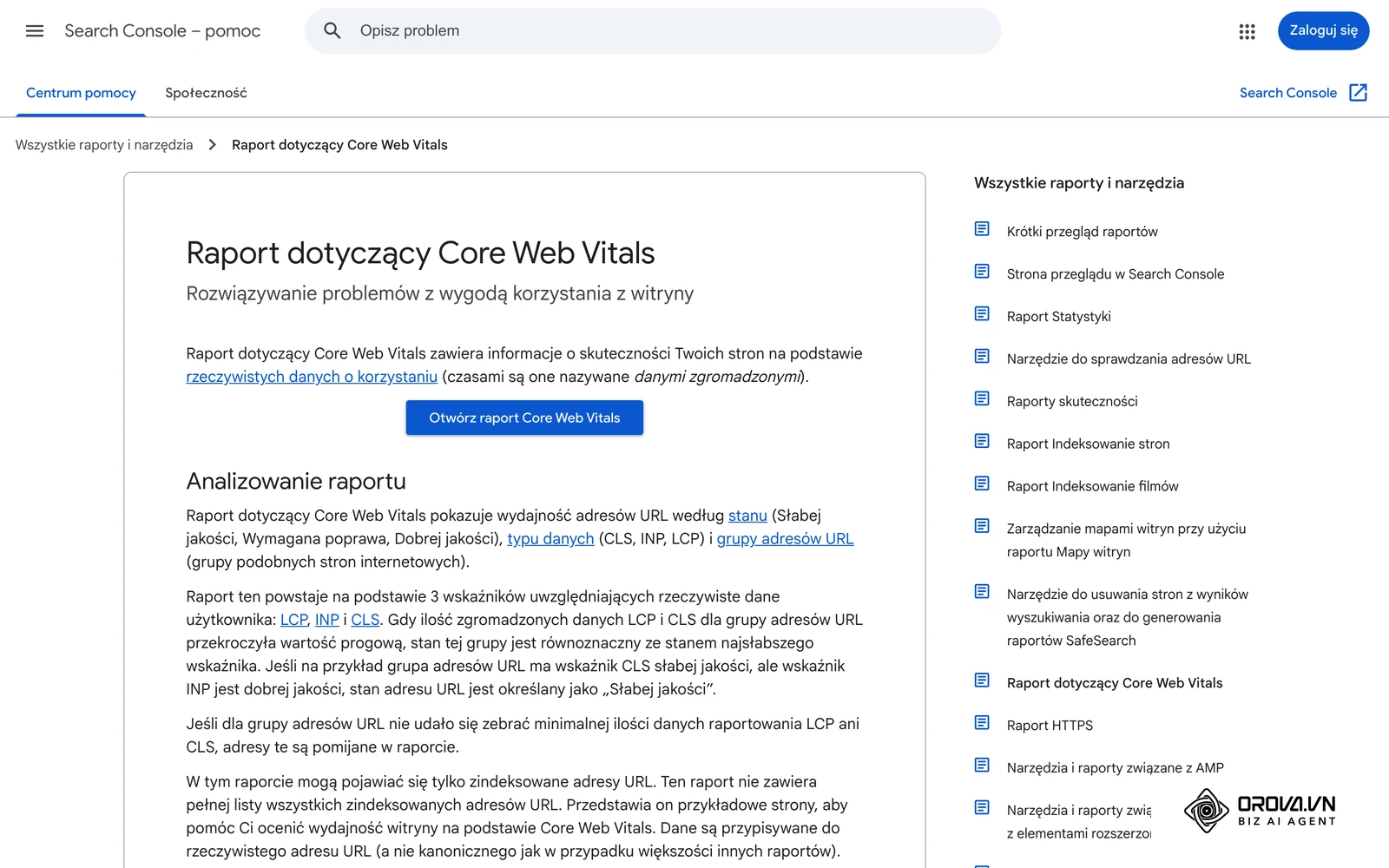 Pomoc Search Console: raport Core Web Vitals (Podstawowe wskaźniki internetowe) – wskaźniki LCP, INP i CLS oraz progi stanów.