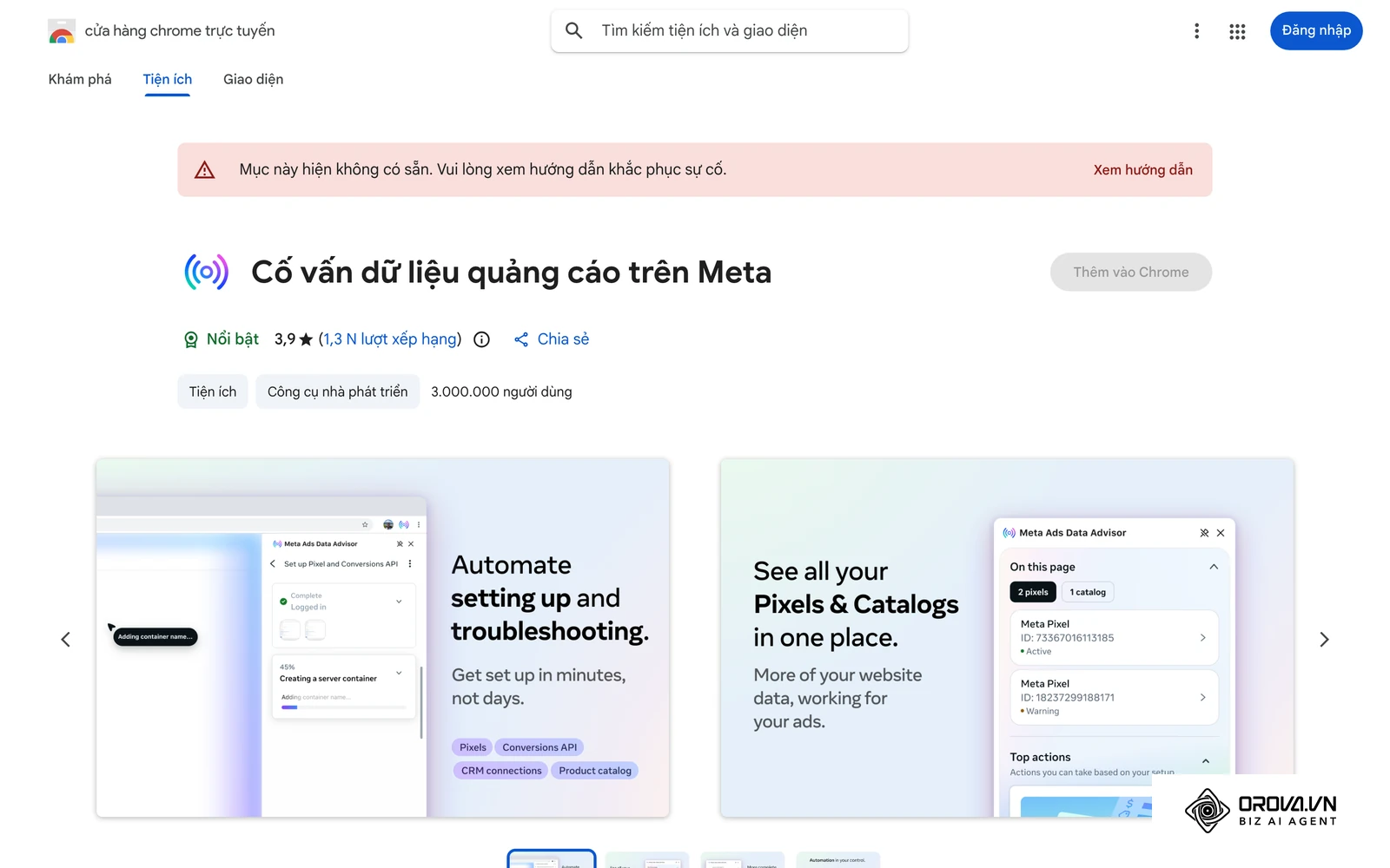 Trang tiện ích kiểm tra Meta Pixel trên Chrome Web Store (bản mới mang tên Cố vấn dữ liệu quảng cáo trên Meta), dùng để xem Pixel đã gửi sự kiện đúng chưa.