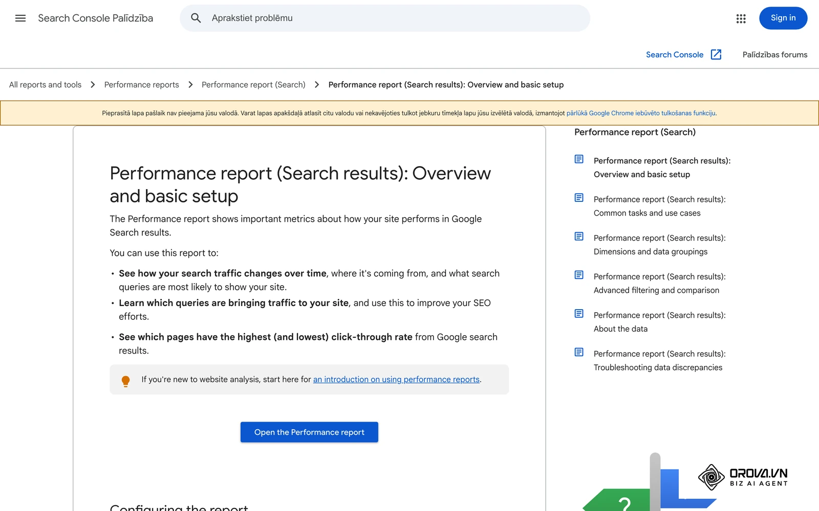 Google Search Console oficiālā palīdzība par veiktspējas pārskatu — tajā filtrē vaicājumus pēc pozīcijas un parādīšanas reižu skaita.