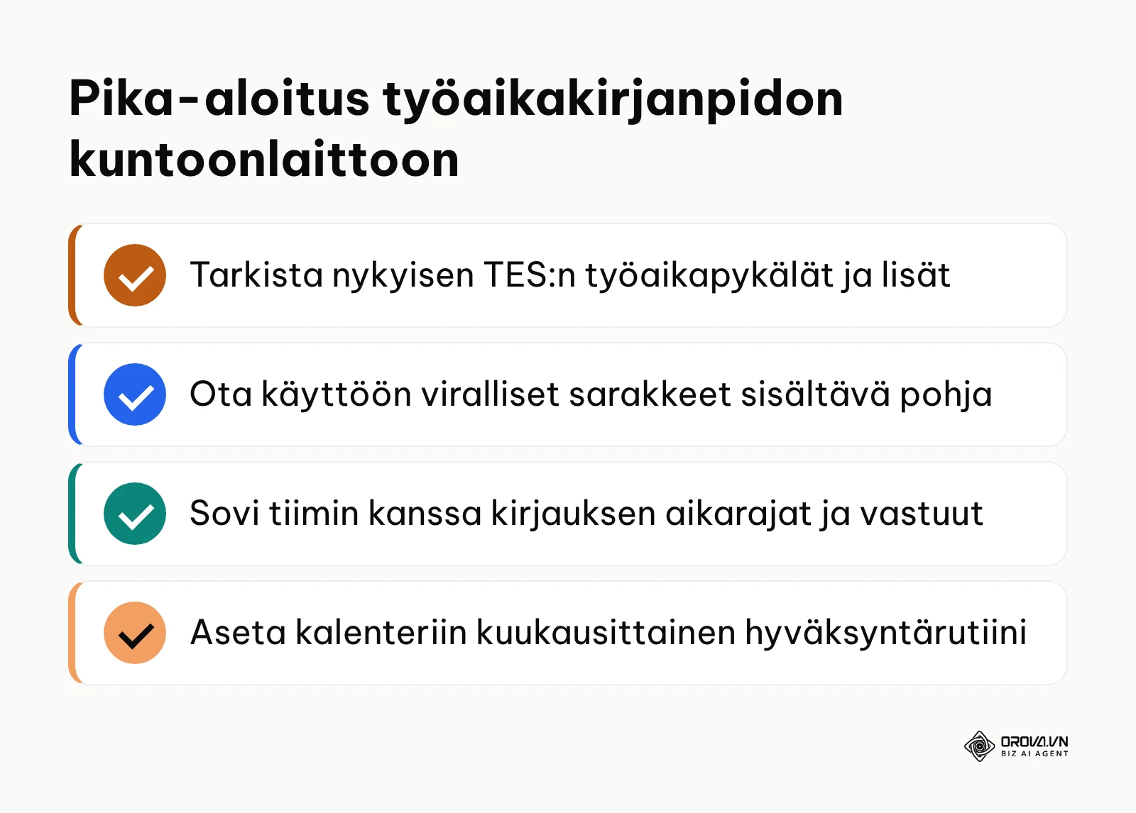 Tarkistuslista työaikakirjanpidon käynnistämiseen neljällä selkeällä askeleella.