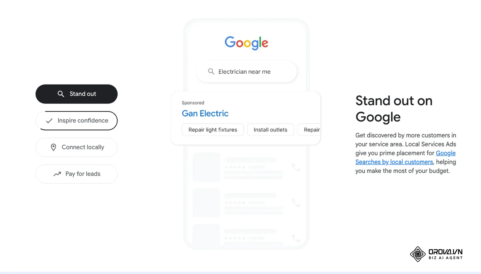 Google's official Local Services Ads page showing a sponsored Local Services ad for an electrician at the top of a Google search.