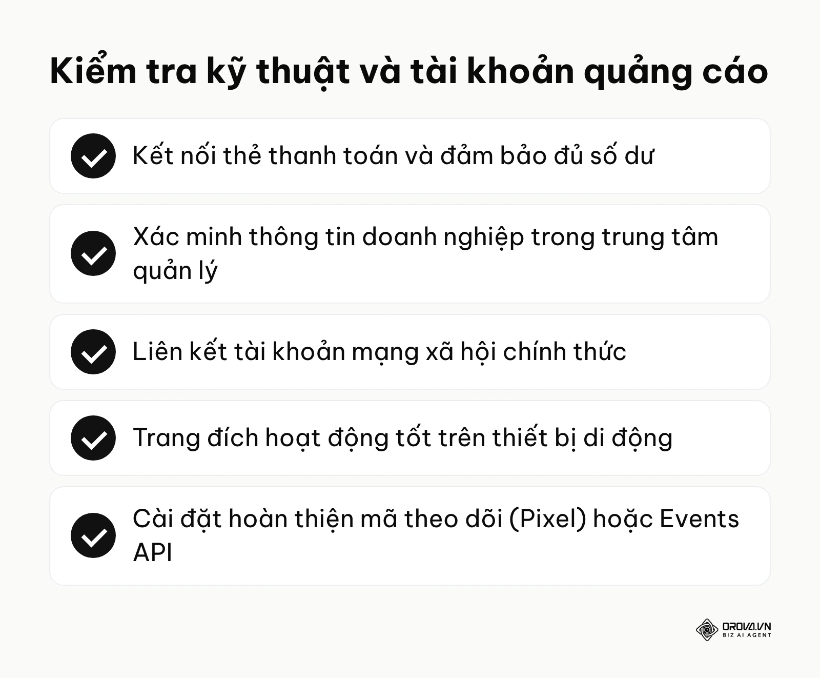 Tóm tắt các bước kiểm tra về tài khoản, trang đích và mã theo dõi trước khi chạy quảng cáo