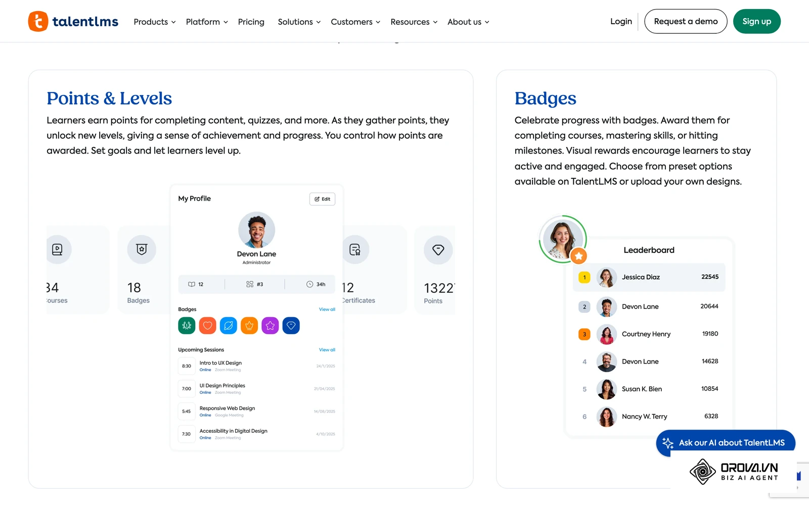 Page Gamification de TalentLMS : profil apprenant avec points, niveaux et badges, à côté d'un classement par points.