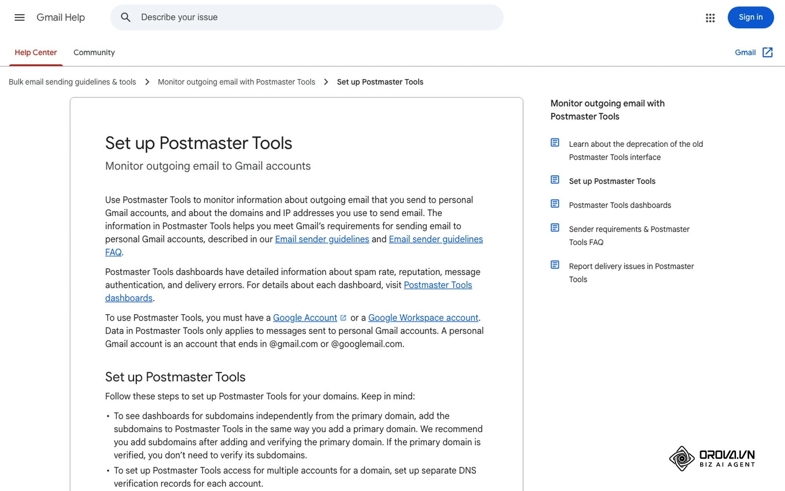 Google „Set up Postmaster Tools“ pagalbos puslapis: kaip stebėti šlamšto skundus, autentifikavimą ir domeno reputaciją