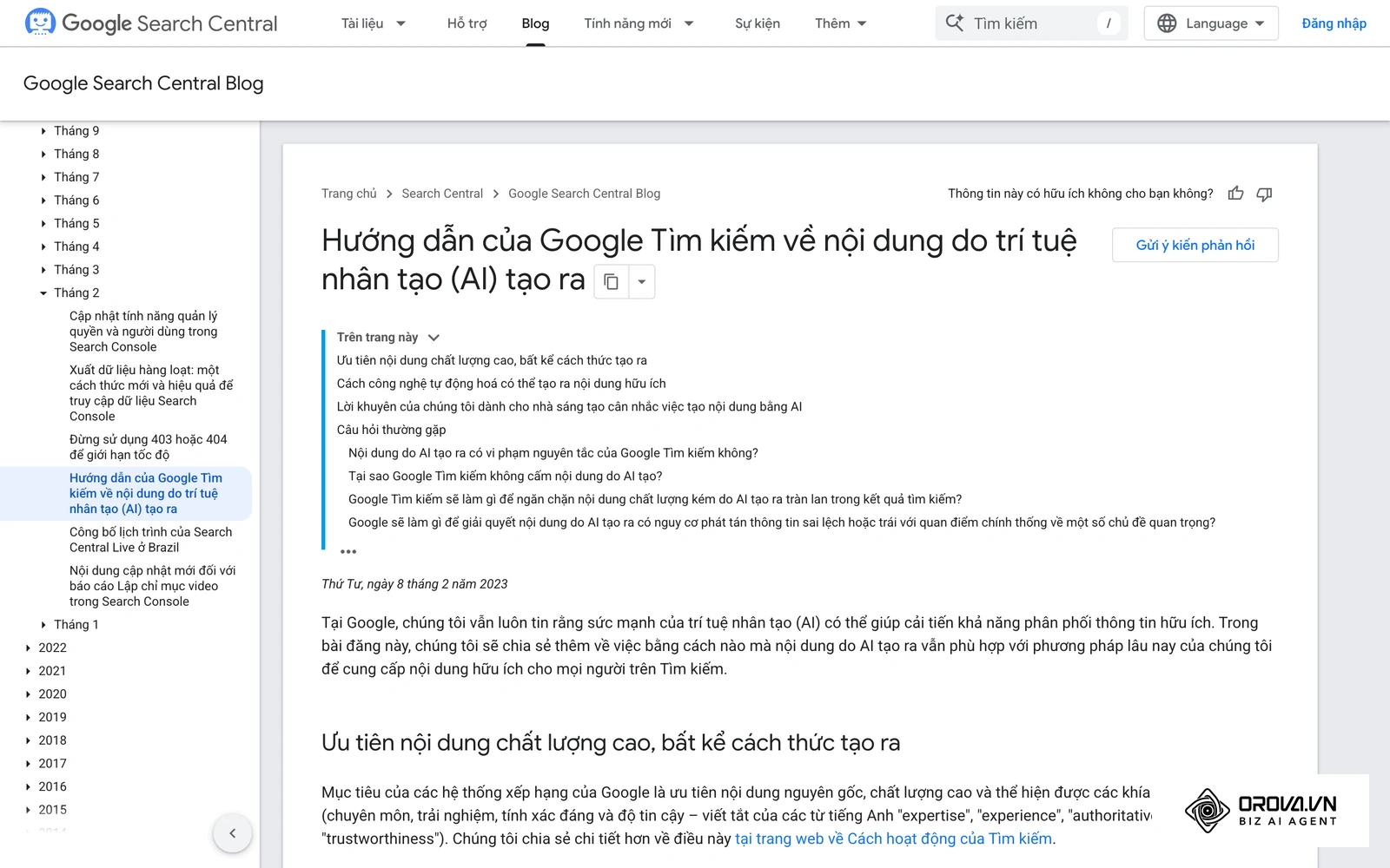Tài liệu hướng dẫn chính thức từ Google Search Central về cách đánh giá nội dung tạo ra bởi trí tuệ nhân tạo.