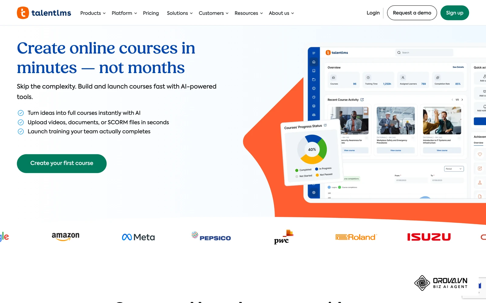 Trang chính thức của TalentLMS cho thấy bảng điều khiển tạo khóa học: tổng quan khóa, tiến độ hoàn thành và danh sách khóa gần đây