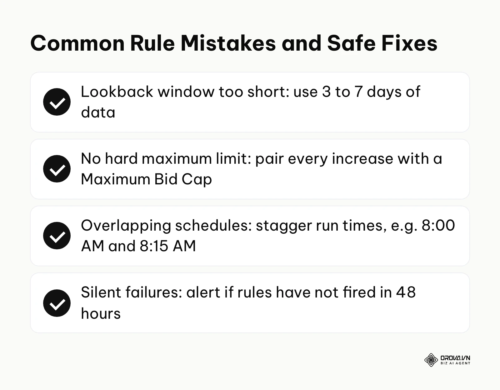 Summary of four common automated rule mistakes and how to avoid each one.