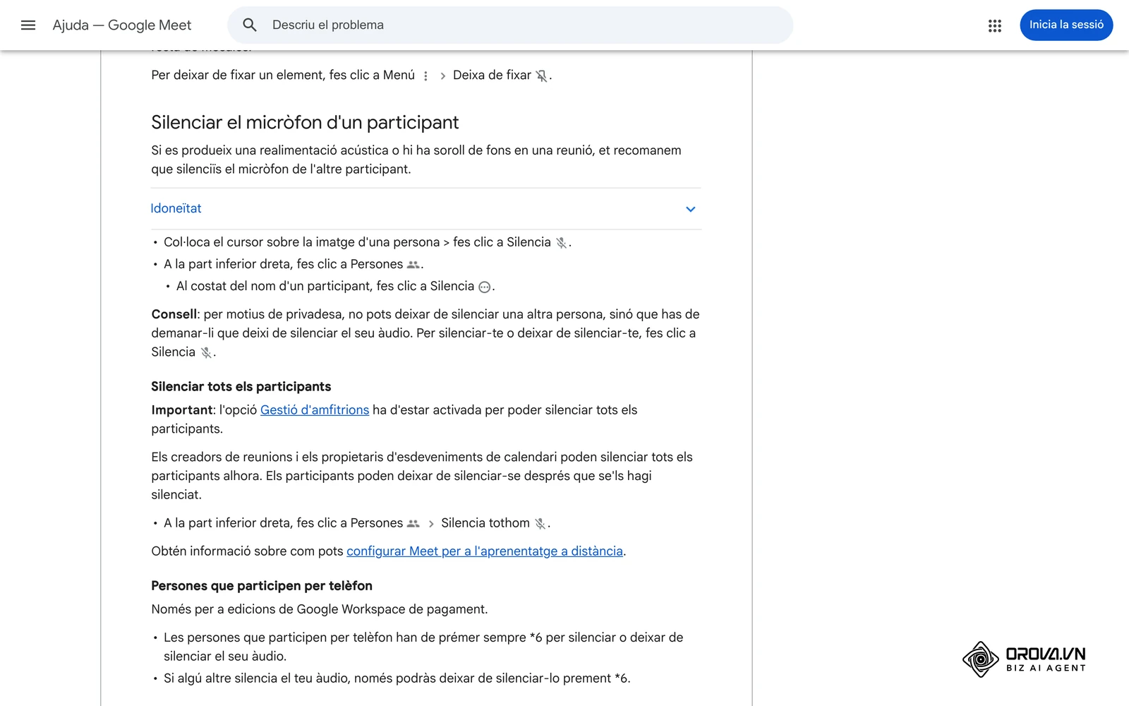 Ajuda oficial de Google Meet en català: com silenciar el micròfon d'un participant o de tots alhora.