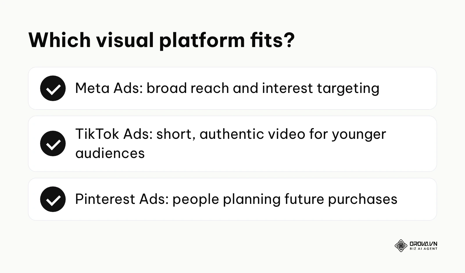 Summary of when to choose Meta Ads, TikTok Ads or Pinterest Ads for visual discovery.