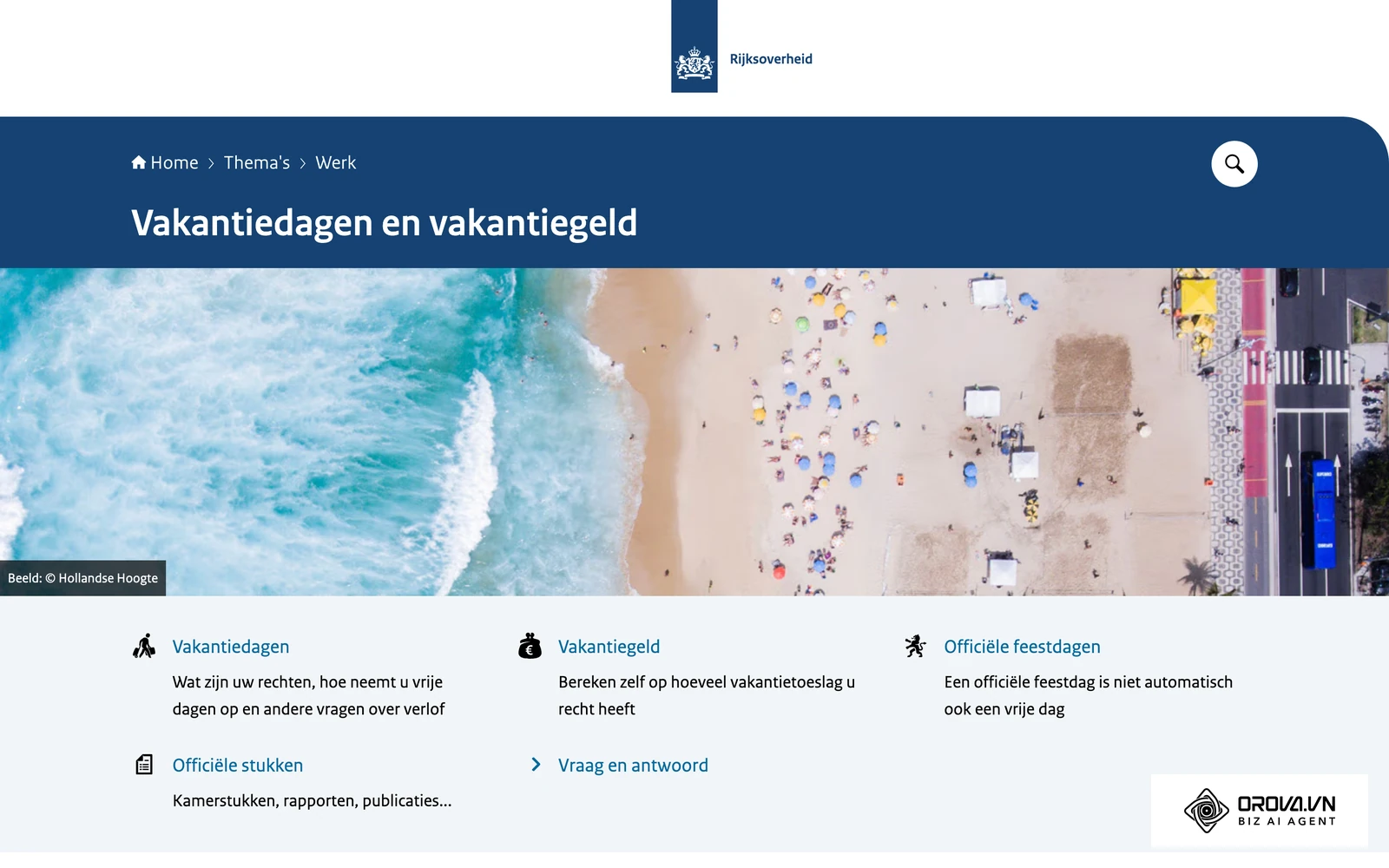 Themapagina van de Rijksoverheid over wettelijke vakantiedagen en vakantiegeld.
