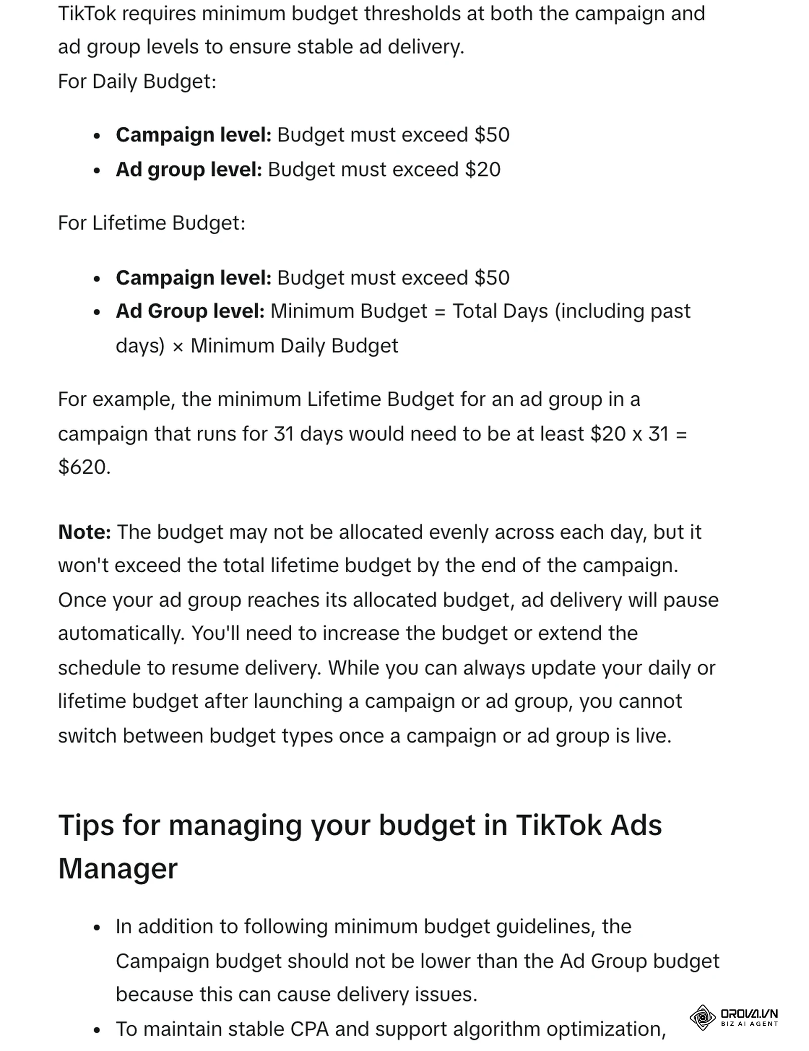 TikTok verslo pagalbos centras (anglų k.): „Minimum Budget Guidelines“ – minimalios dienos ir viso laikotarpio biudžeto ribos kampanijai ir reklamos grupei.