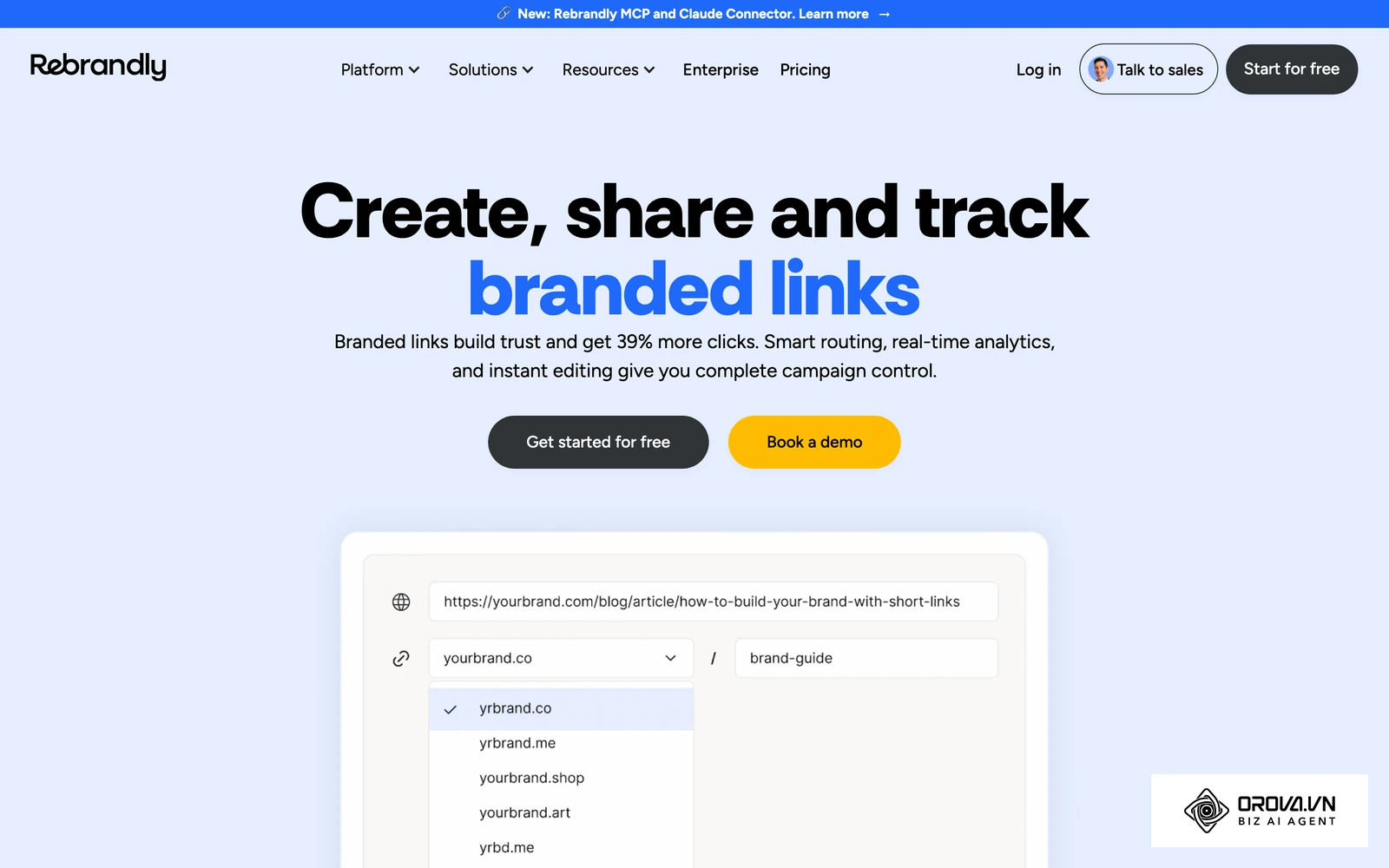 Page officielle de Rebrandly présentant la création de liens de marque sur un domaine personnalisé.