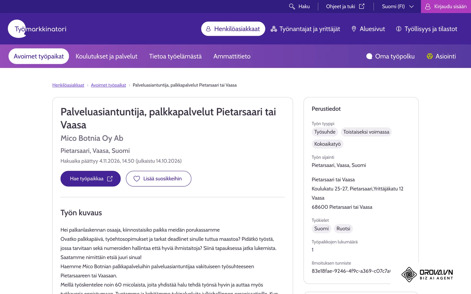 Toinen Työmarkkinatorin ilmoitus: otsikko 'Palveluasiantuntija, palkkapalvelut Pietarsaari tai Vaasa' kertoo nimikkeen, erikoisalan ja sijainnin yhdellä rivillä.