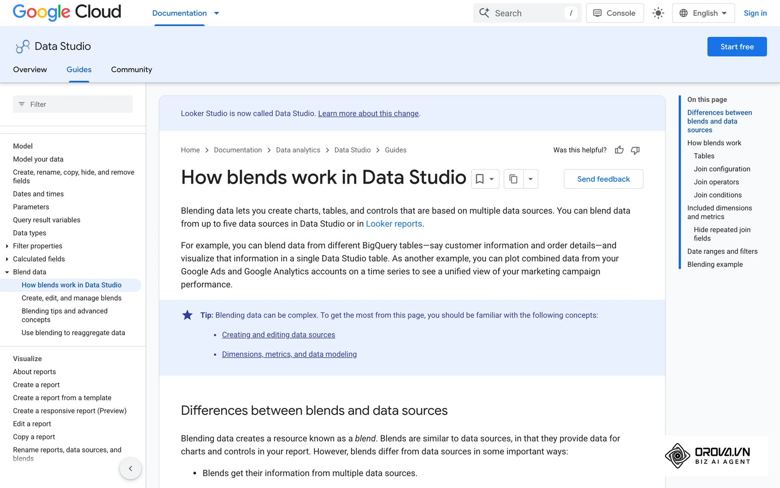 Help rasmi "How blends work in Data Studio": blend membolehkan carta menggunakan data daripada sehingga lima sumber, contohnya Google Ads dan Google Analytics pada satu siri masa.