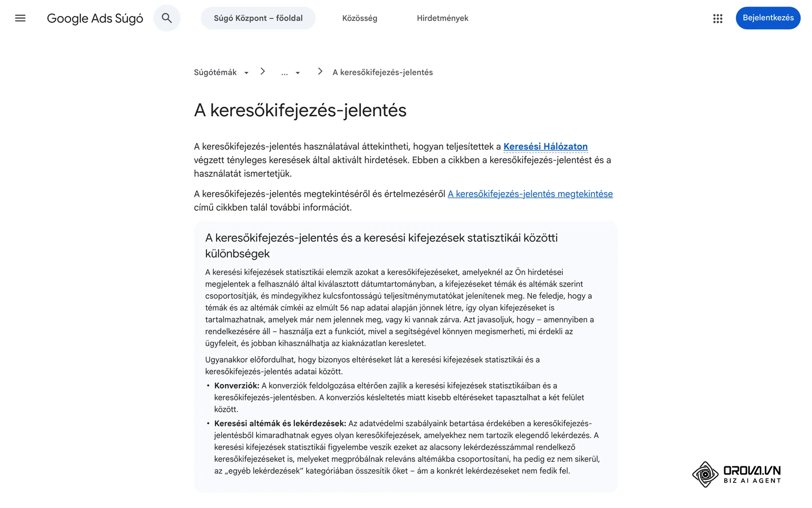 A Google Ads Súgó magyar oldala a keresőkifejezés-jelentésről és az Egyezés típusa oszlopról.