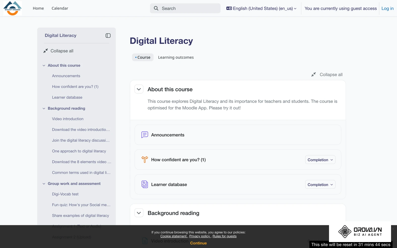A course page on the Mount Orange School demo site of Moodle, an open-source LMS that organizations can self-host on-premise or run in the cloud.