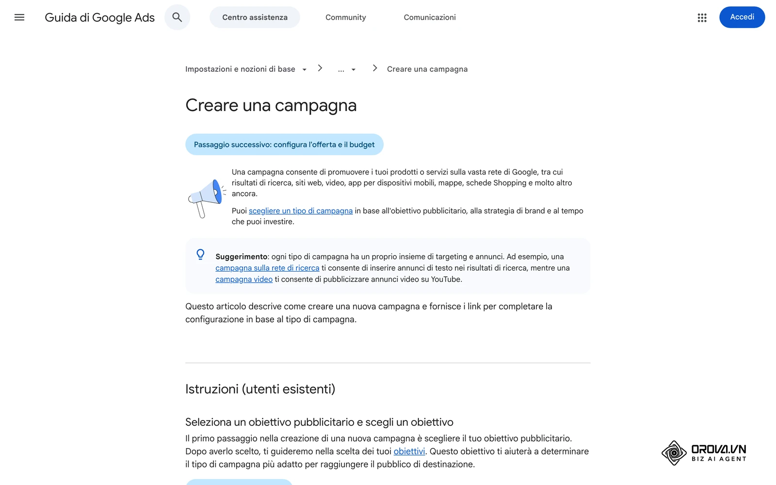 Pagina «Creare una campagna» della Guida di Google Ads in italiano, con il percorso Campagne > Più > Nuova campagna.