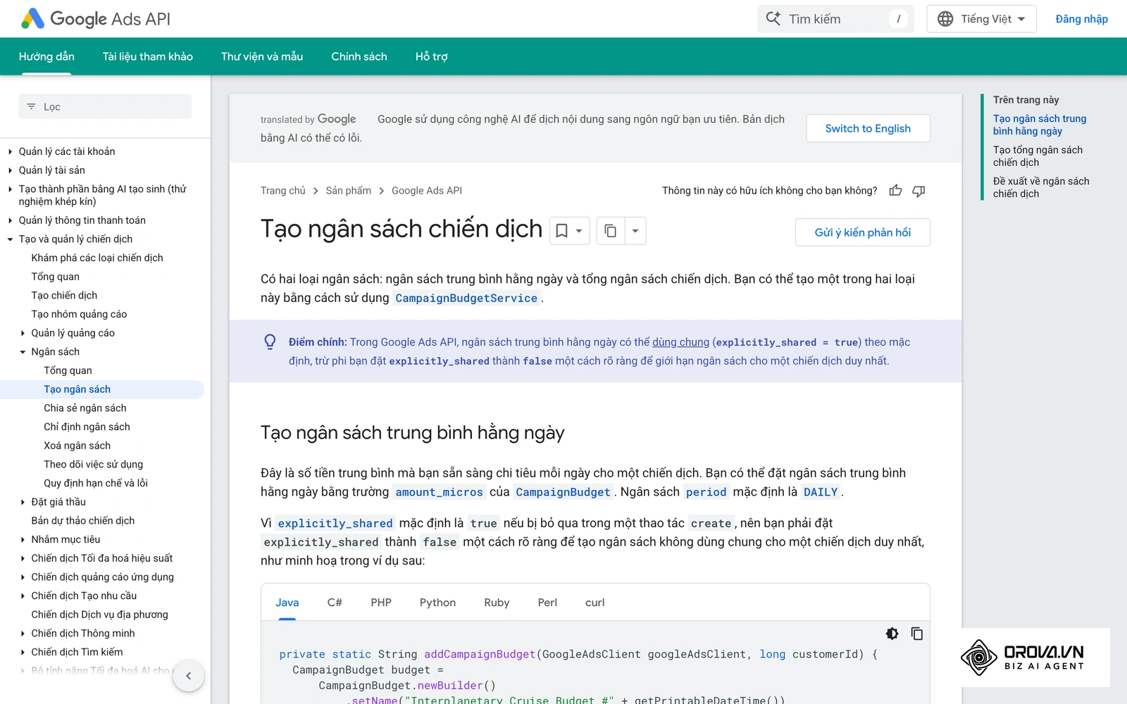 Tài liệu Google Ads về việc tạo ngân sách riêng cho từng chiến dịch, nền tảng để chia tiền theo pha.