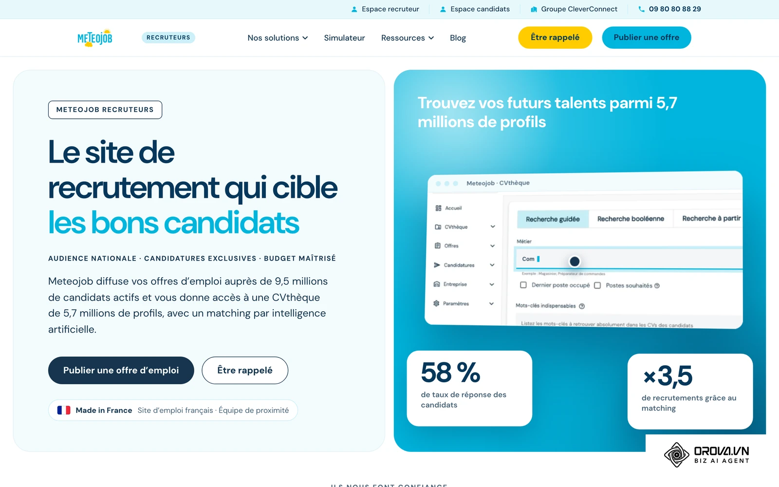 Espace recruteurs officiel de Meteojob présentant la publication d'offres et le matching de compétences.