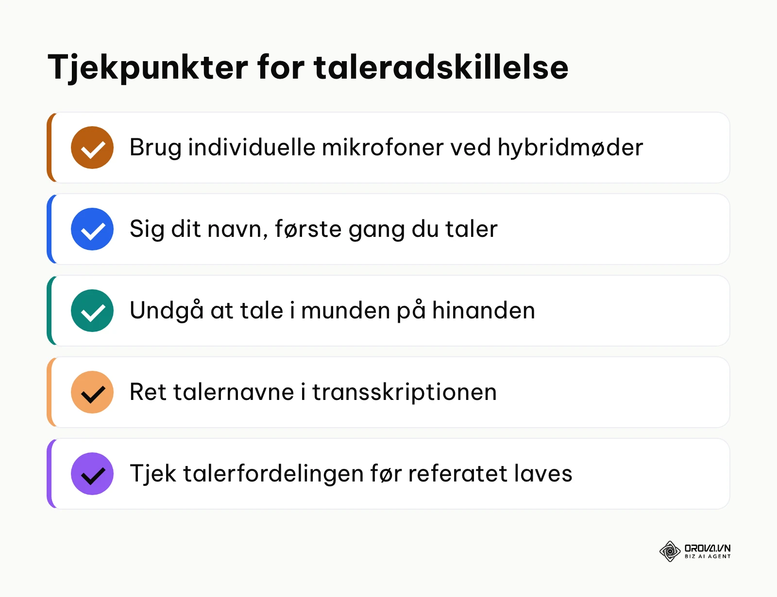 Tjekliste til præcis adskillelse af talere i automatiske transskriberinger.