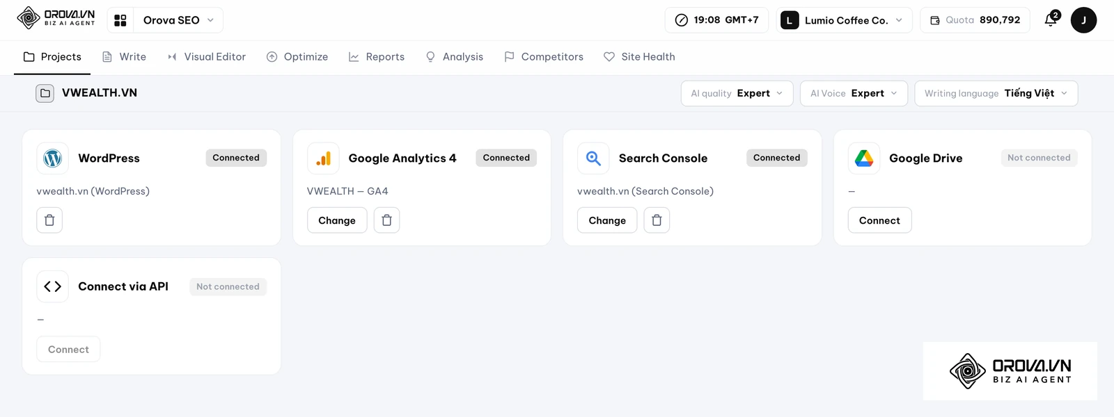 Log in via Google to grant read-only access to Google Analytics 4 (for traffic), Google Search Console (for keywords, rankings, and clicks), and Google Drive (for brand materials and writing assets).